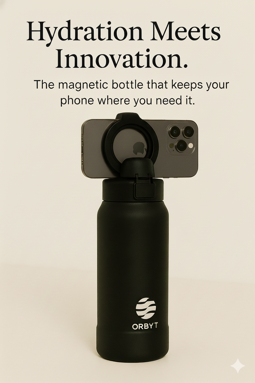 Magnetic Orbyt Bottle with phone attached β minimalist beige background.β
βOrbyt Bottle used at desk workstation.β
βHands-free recording setup with Orbyt magnetic bottle.β