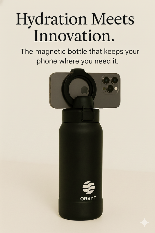 Magnetic Orbyt Bottle with phone attached — minimalist beige background.”
“Orbyt Bottle used at desk workstation.”
“Hands-free recording setup with Orbyt magnetic bottle.”